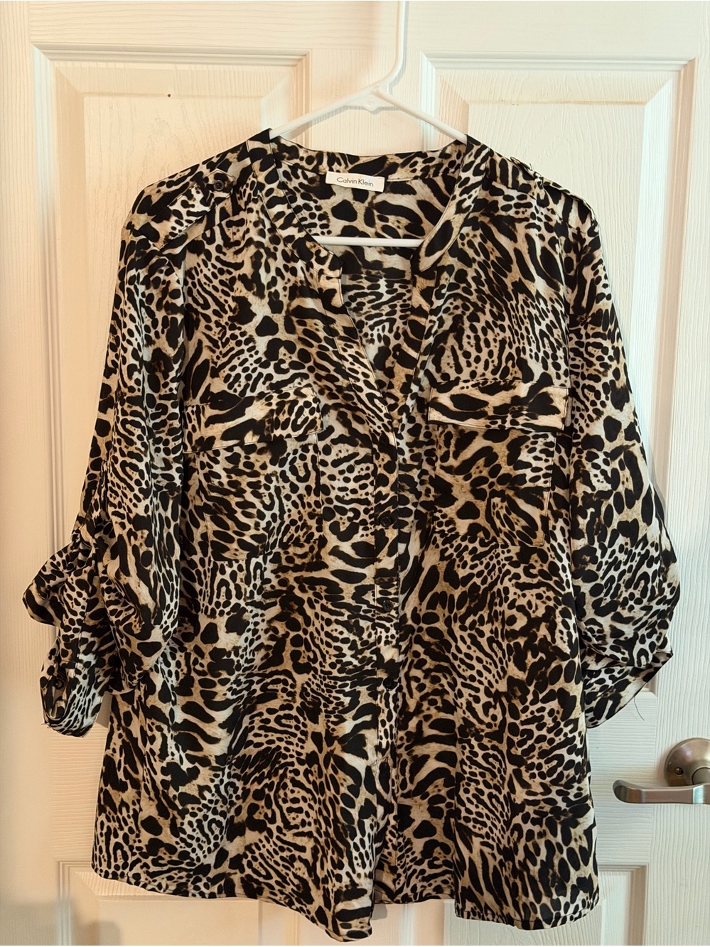 Calvin Klein Leopard Print V-Neck Button Blouse - Black & Cream